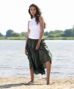 Enza Costa Cool Cotton Tiered Maxi Rok - Dark Olive