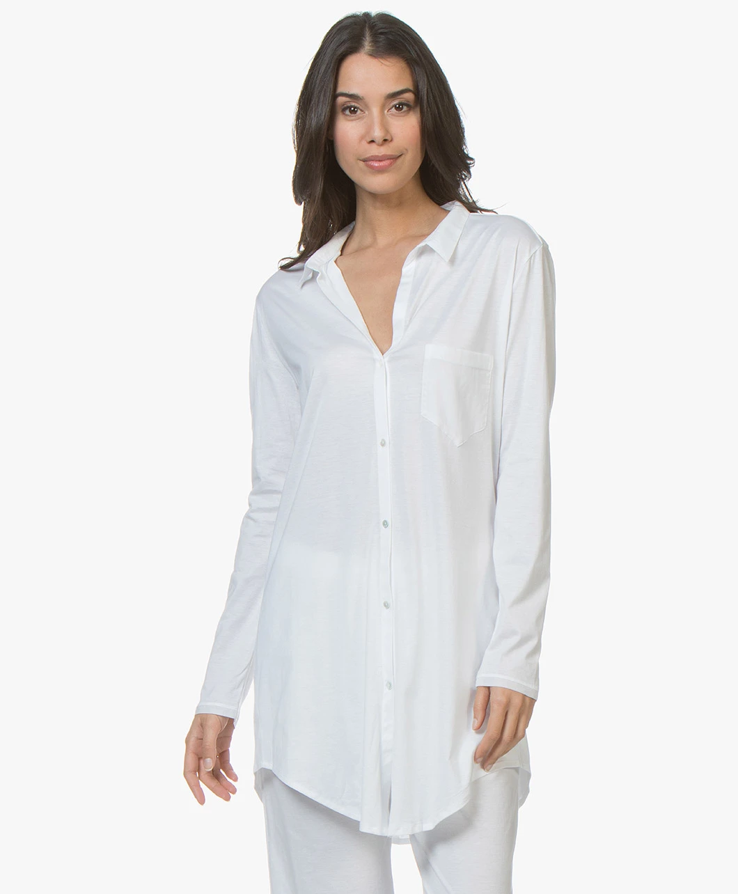 Hanro Cotton Deluxe Jersey Boyfriend Pyjamashirt - Wit 3 Hanro Cotton Deluxe Jersey Boyfriend Pyjamashirt - Wit - Afbeelding 3