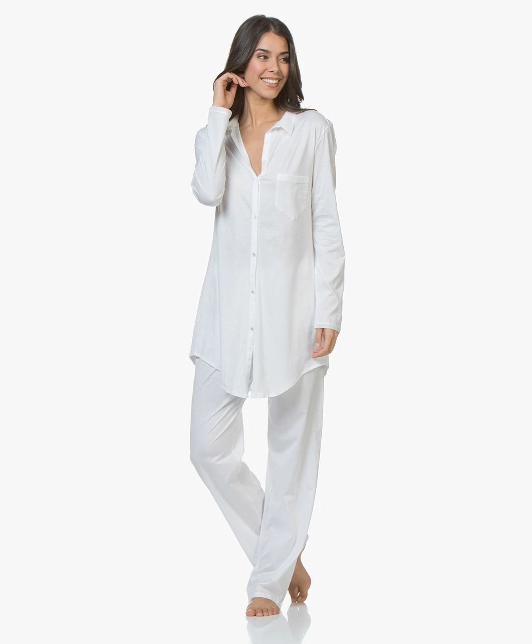 Hanro Cotton Deluxe Jersey Boyfriend Pyjamashirt - Wit 5 Hanro Cotton Deluxe Jersey Boyfriend Pyjamashirt - Wit - Afbeelding 5