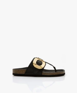 See By Chloé Chany Leren Teenslippers Met Kurkzool - Zwart