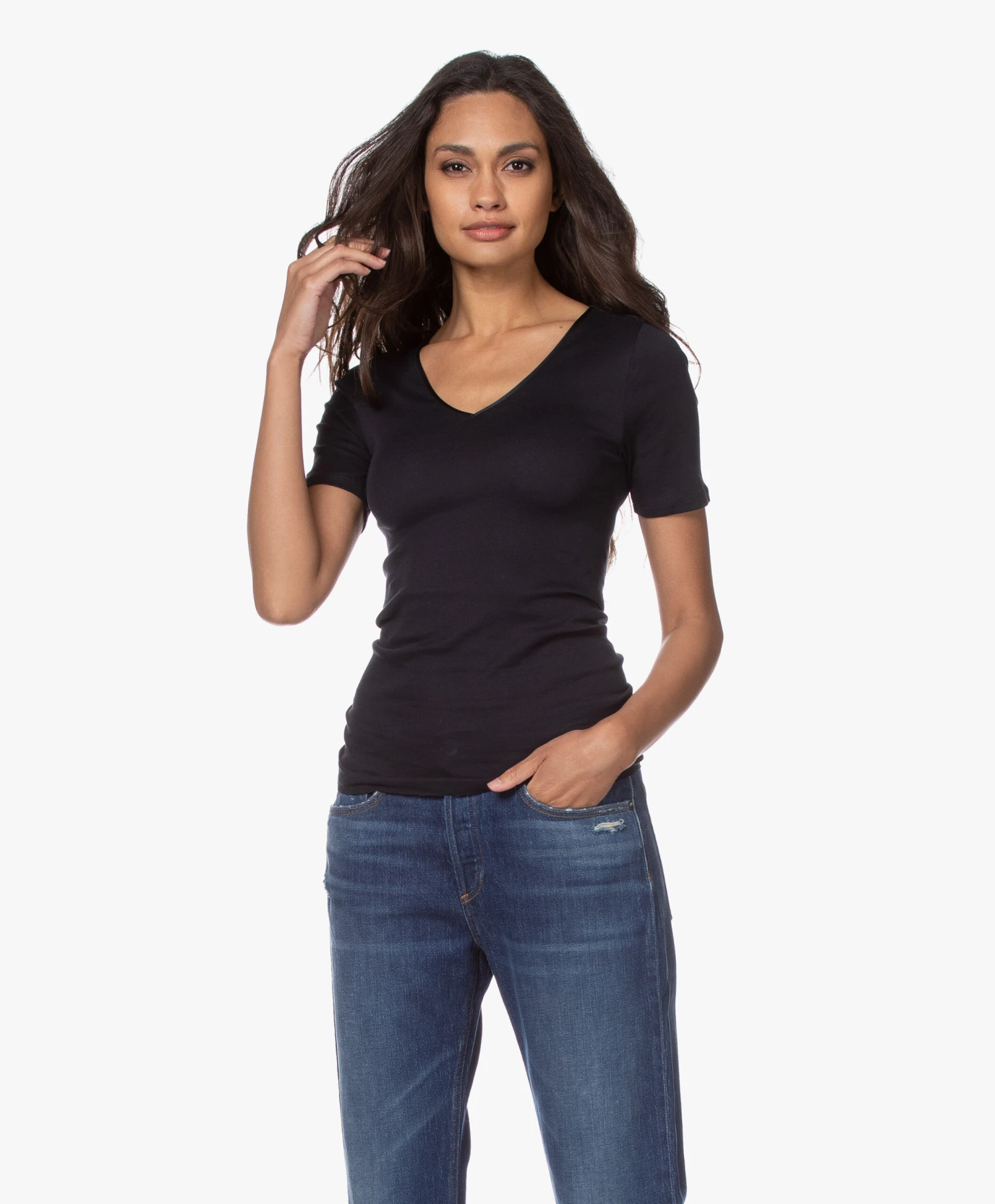 Hanro Cotton Seamless V-Hals T-Shirt - Zwart 3 Hanro Cotton Seamless V-Hals T-Shirt - Zwart - Afbeelding 3