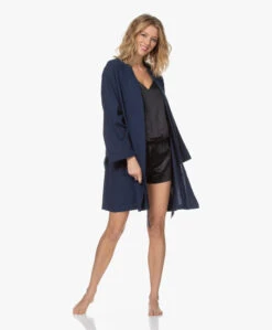 Hammam34 Cranes Geborduurde Katoenen Kimono - Navy