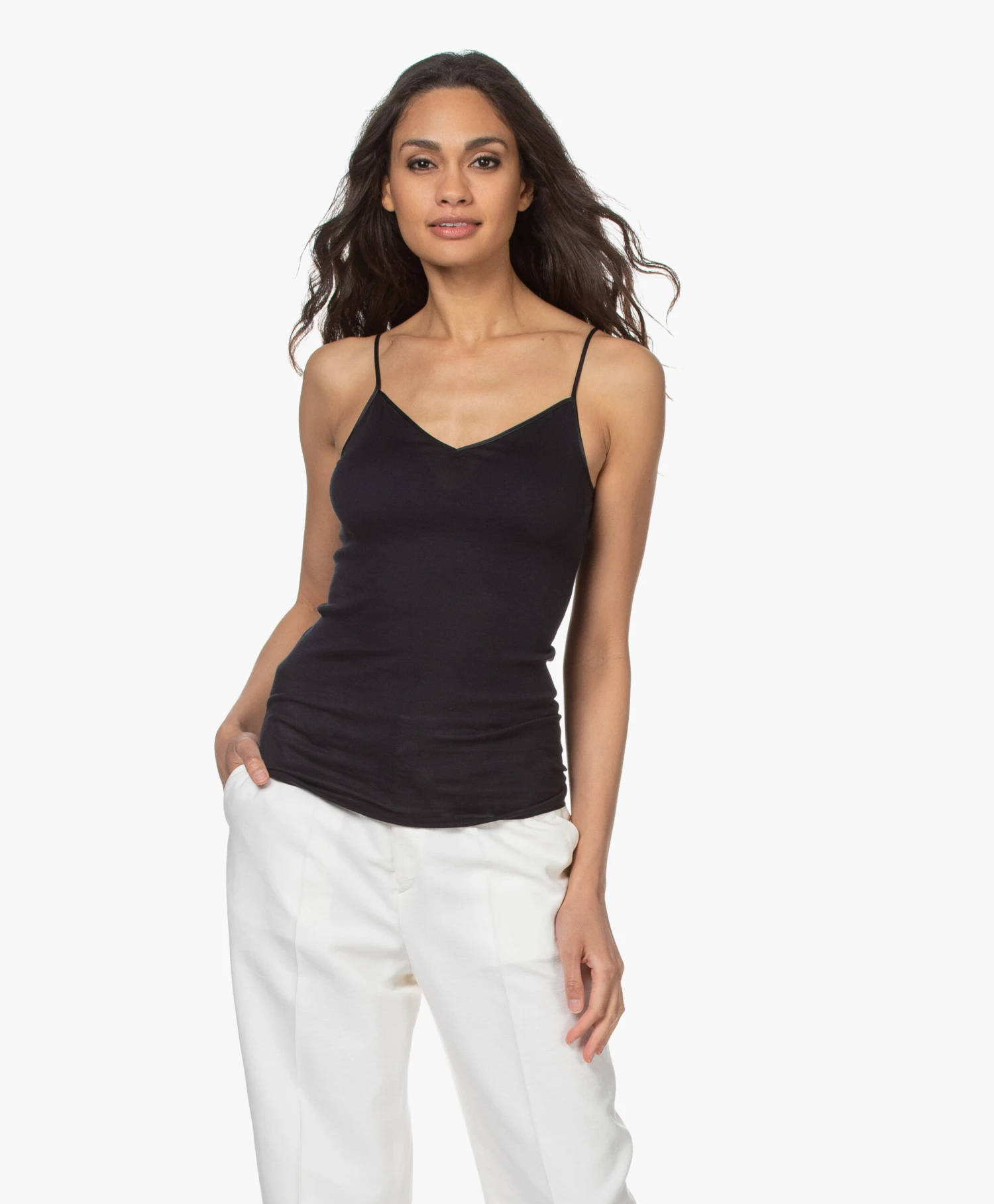 Hanro Cotton Seamless V-Hals Spaghetti Top - Zwart 1 Hanro Cotton Seamless V-Hals Spaghetti Top - Zwart