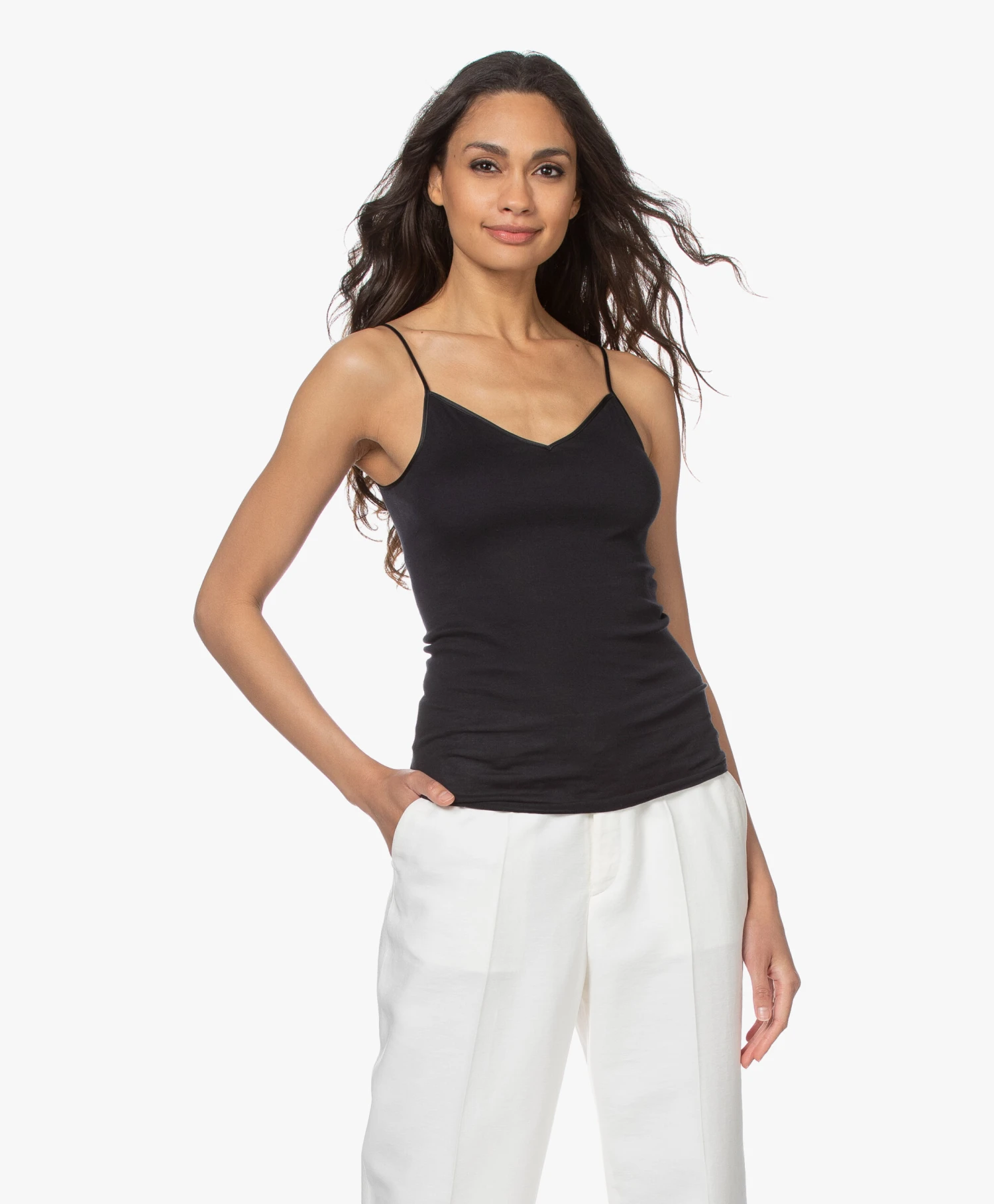 Hanro Cotton Seamless V-Hals Spaghetti Top - Zwart 3 Hanro Cotton Seamless V-Hals Spaghetti Top - Zwart - Afbeelding 3