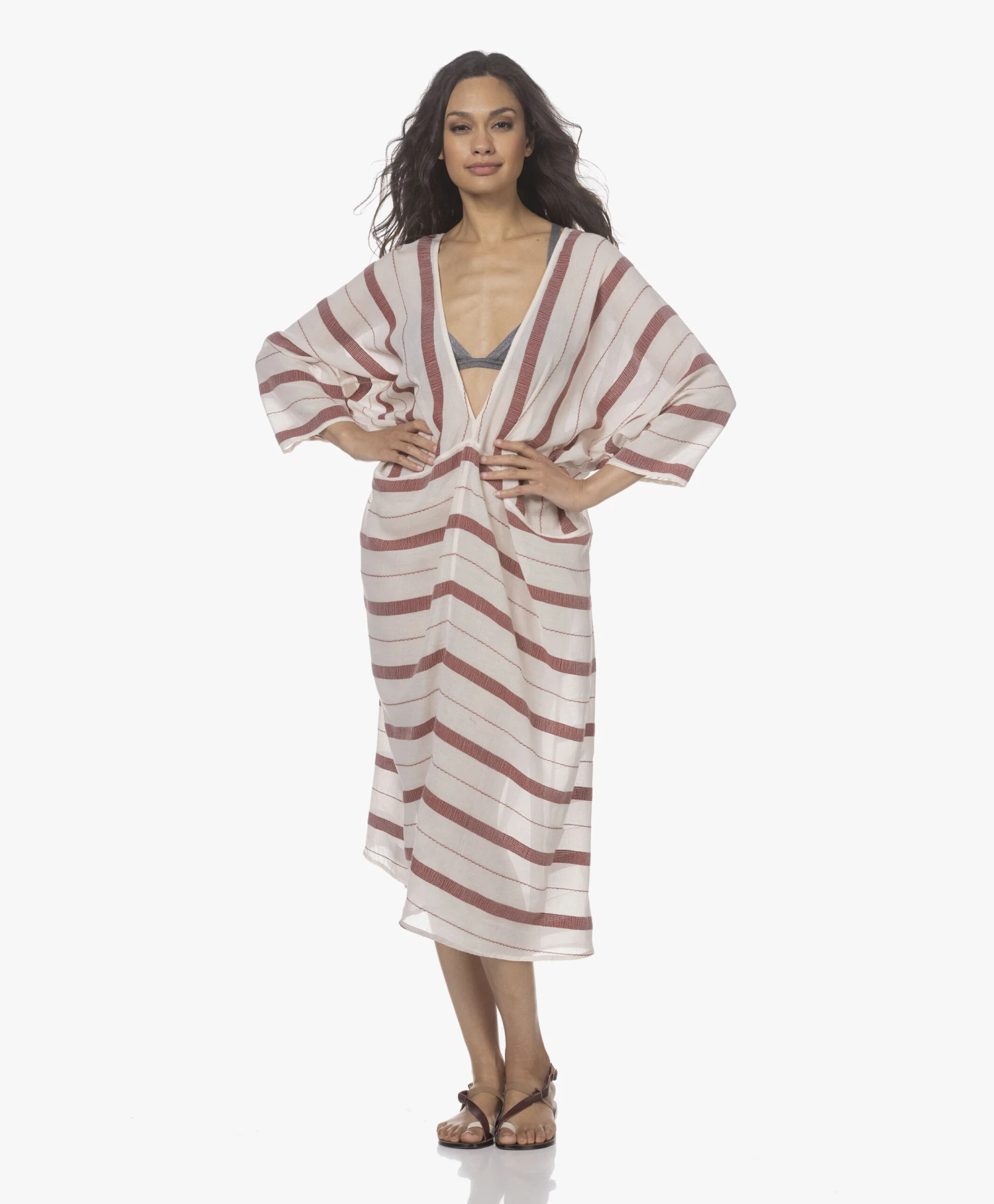 Su Paris Talia Voile Kaftan Met Jacquard Streepdessin - Burgundy 10 Su Paris Talia Voile Kaftan Met Jacquard Streepdessin - Burgundy - Afbeelding 10