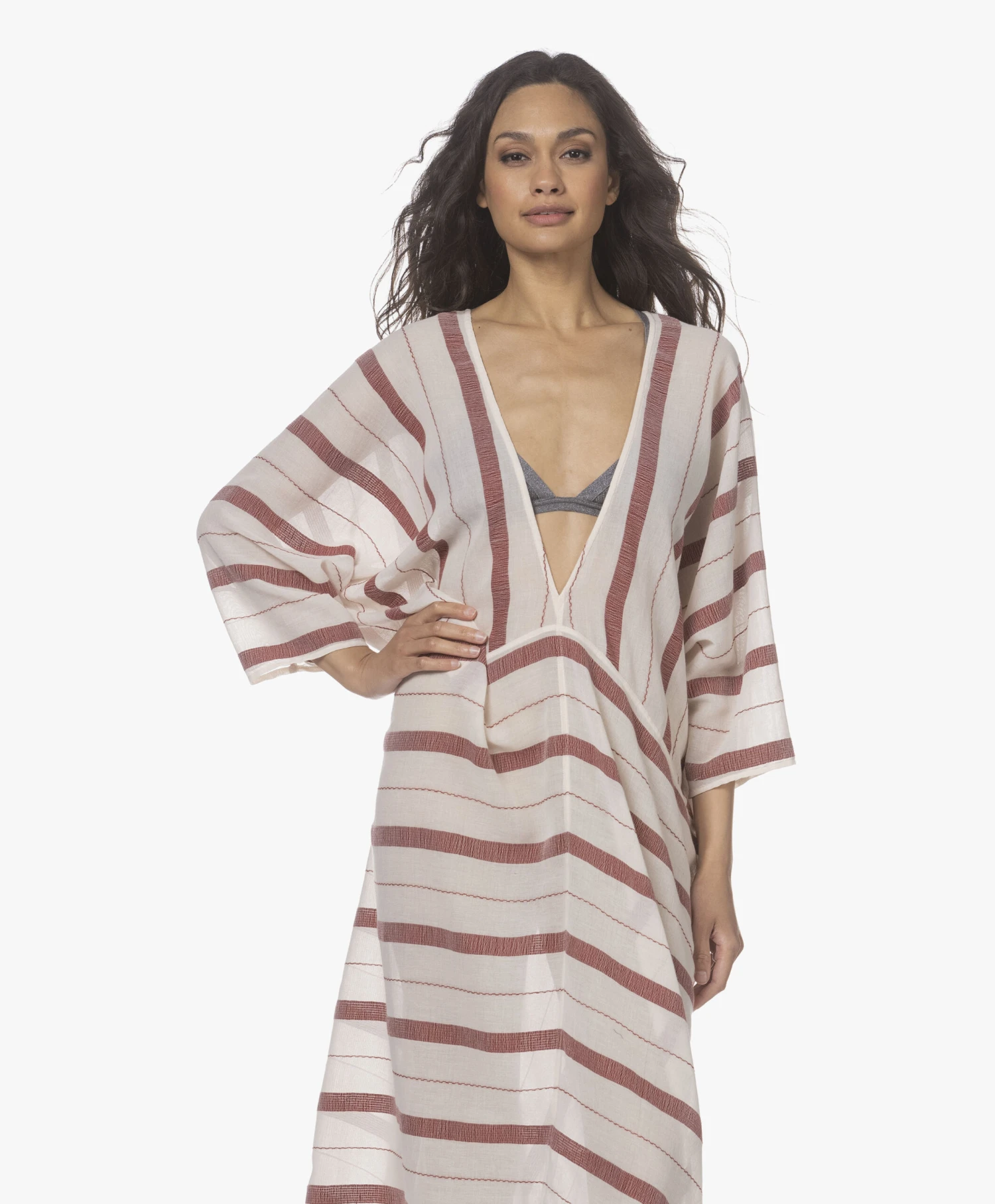 Su Paris Talia Voile Kaftan Met Jacquard Streepdessin - Burgundy 3 Su Paris Talia Voile Kaftan Met Jacquard Streepdessin - Burgundy - Afbeelding 3