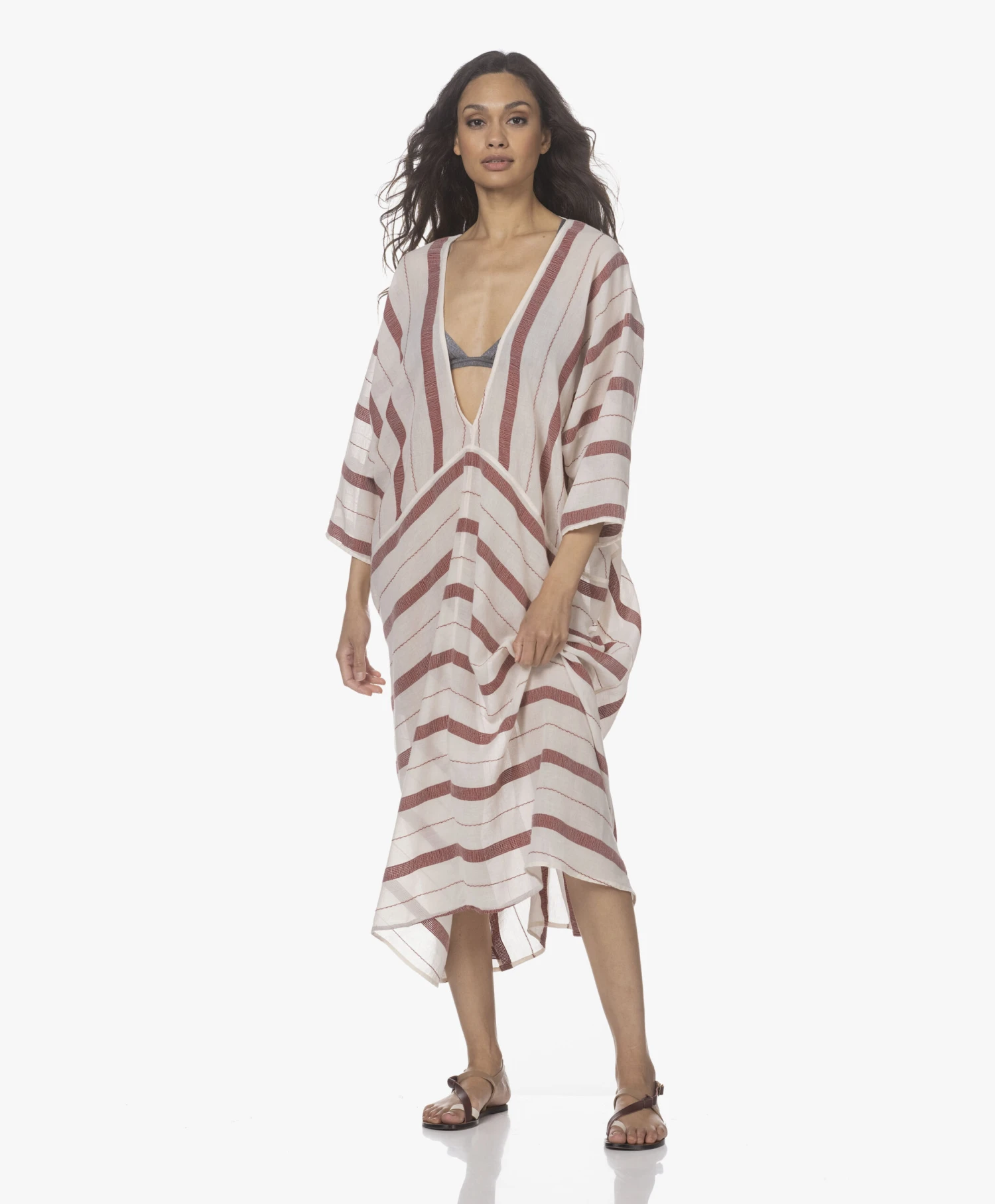 Su Paris Talia Voile Kaftan Met Jacquard Streepdessin - Burgundy 5 Su Paris Talia Voile Kaftan Met Jacquard Streepdessin - Burgundy - Afbeelding 5
