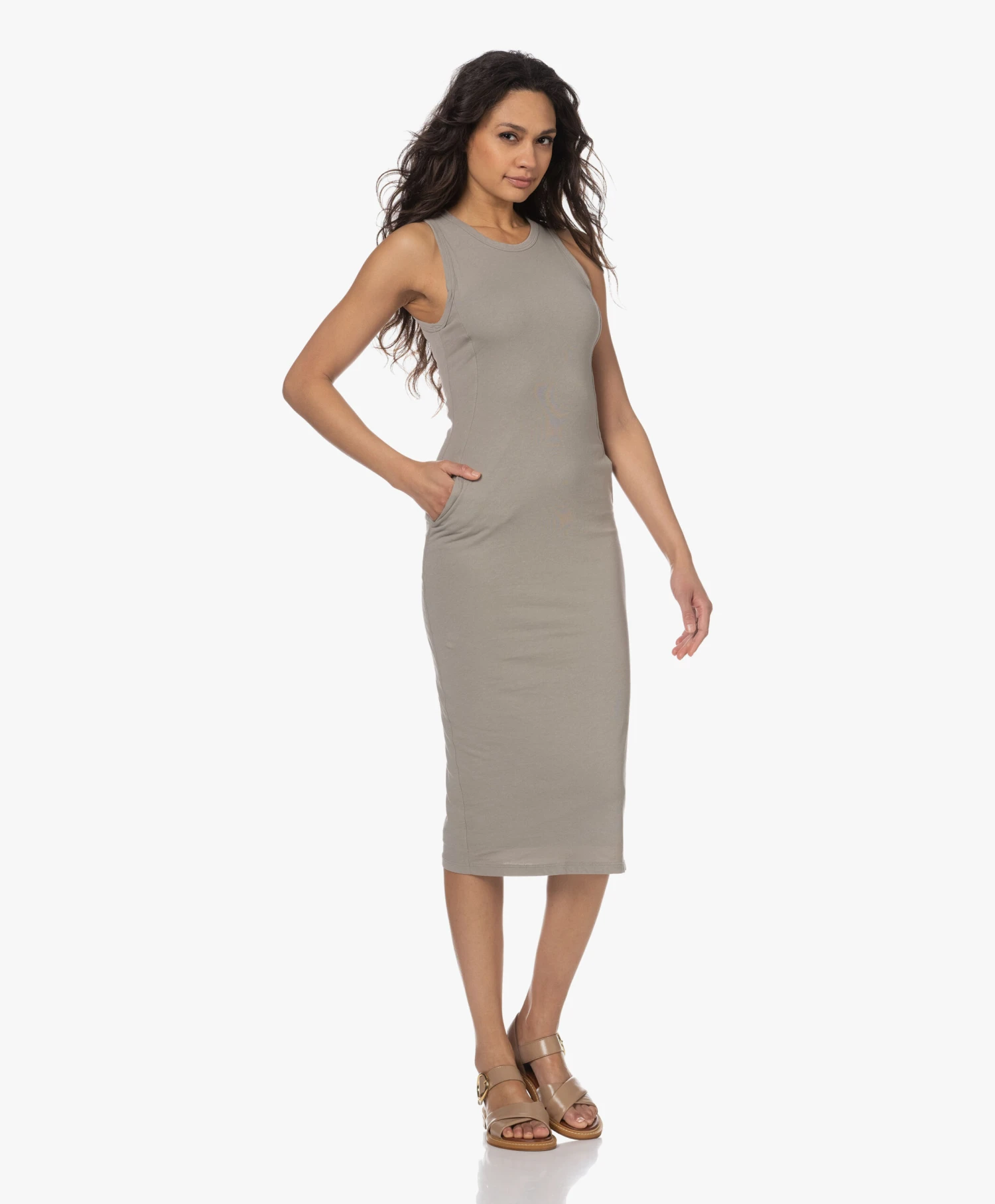 James Perse Dubbellaagse Mouwloze Midi Jurk - Concrete 11 James Perse Dubbellaagse Mouwloze Midi Jurk - Concrete - Afbeelding 11