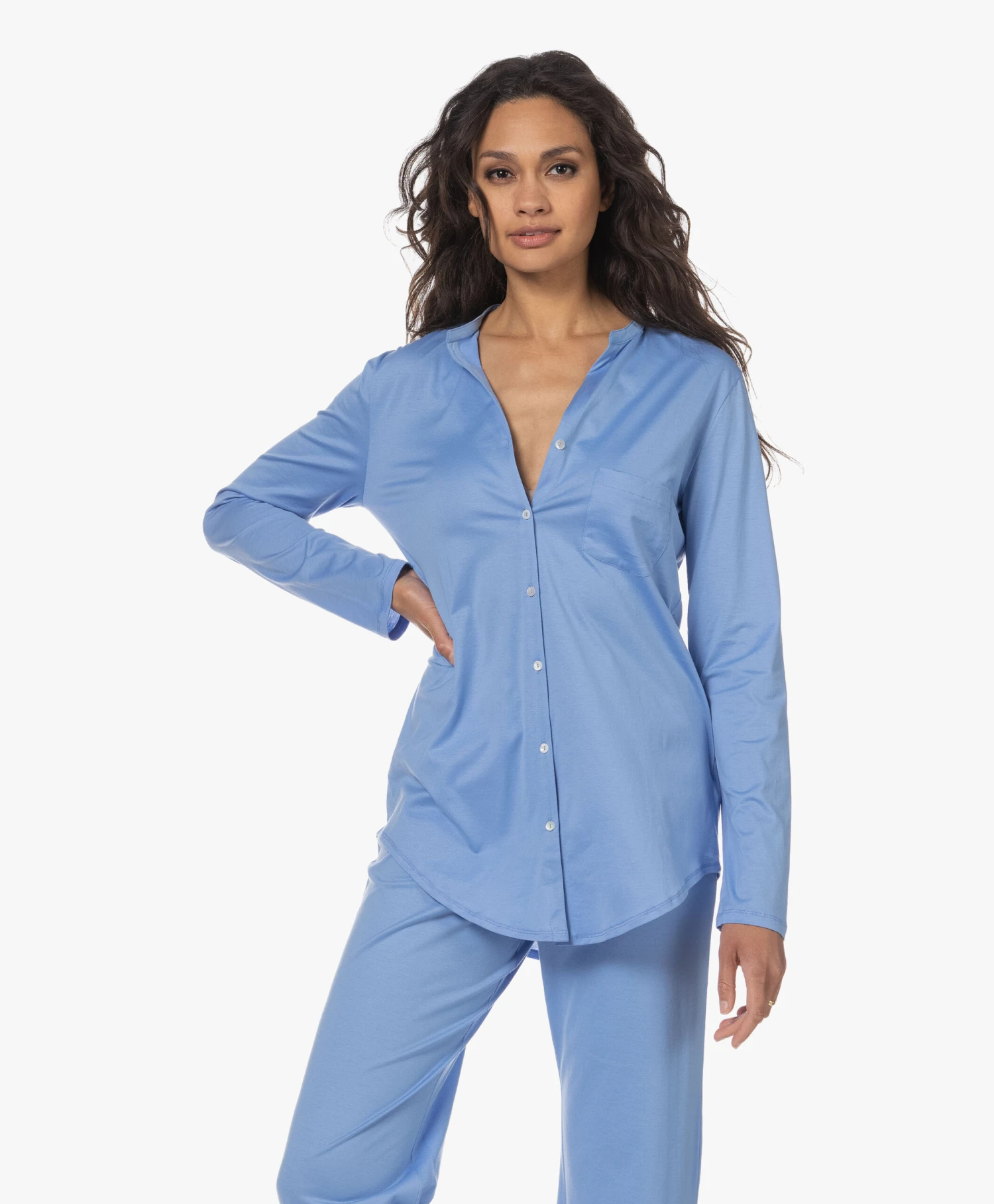 Hanro Cotton Deluxe Longsleeve Pyjamaset - Azurine 3 Hanro Cotton Deluxe Longsleeve Pyjamaset - Azurine - Afbeelding 3