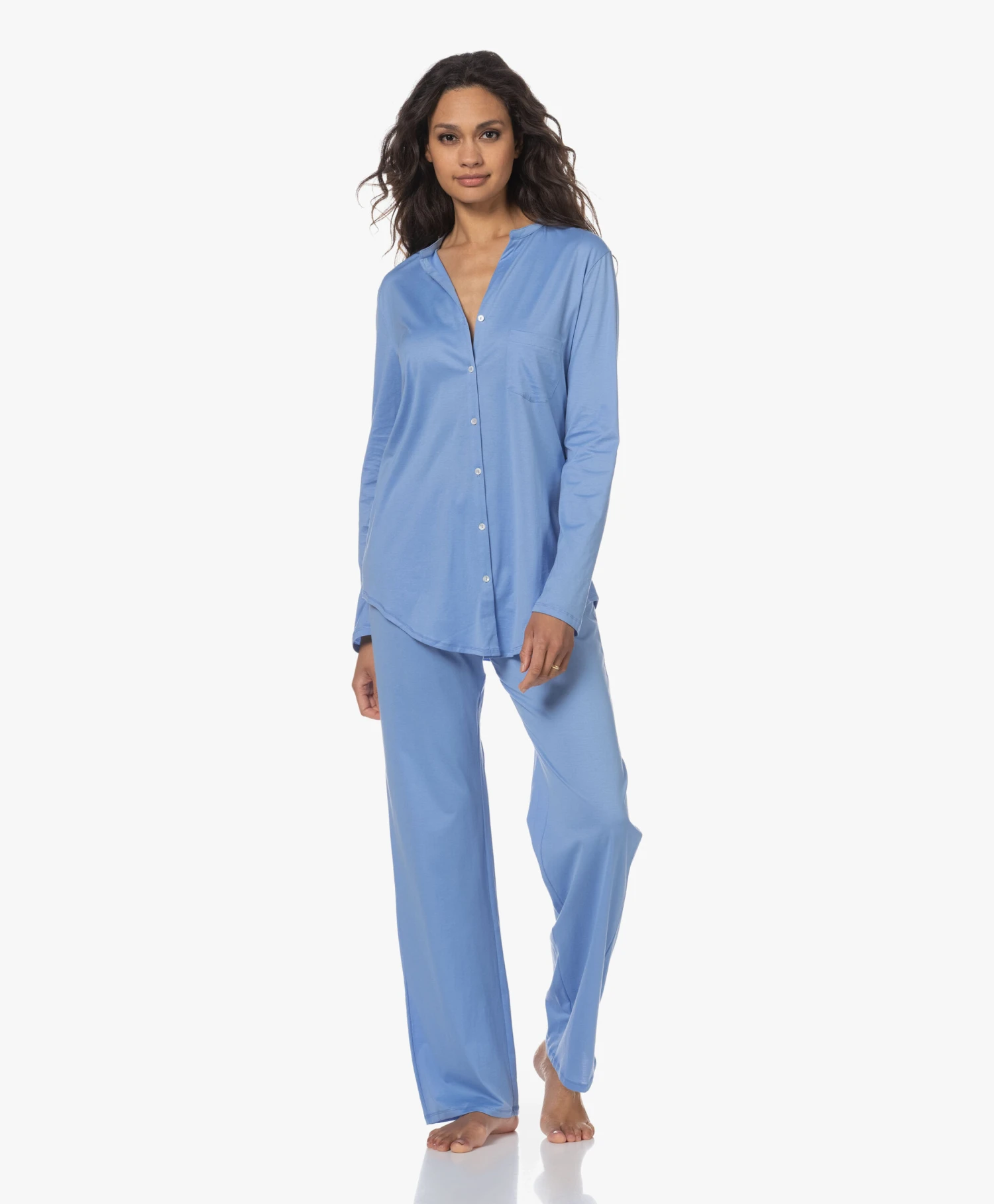 Hanro Cotton Deluxe Longsleeve Pyjamaset - Azurine 1 Hanro Cotton Deluxe Longsleeve Pyjamaset - Azurine