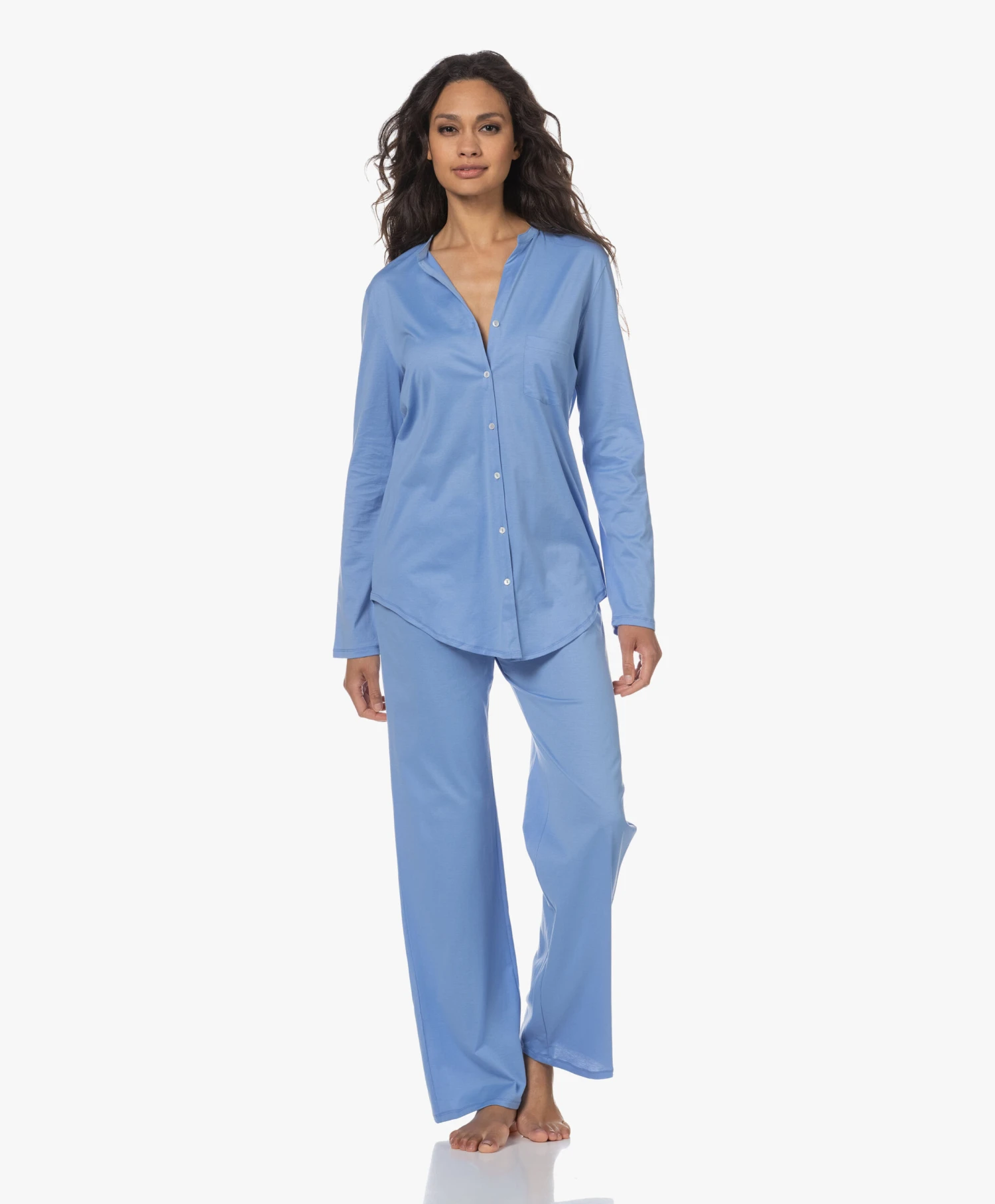 Hanro Cotton Deluxe Longsleeve Pyjamaset - Azurine 2 Hanro Cotton Deluxe Longsleeve Pyjamaset - Azurine - Afbeelding 2