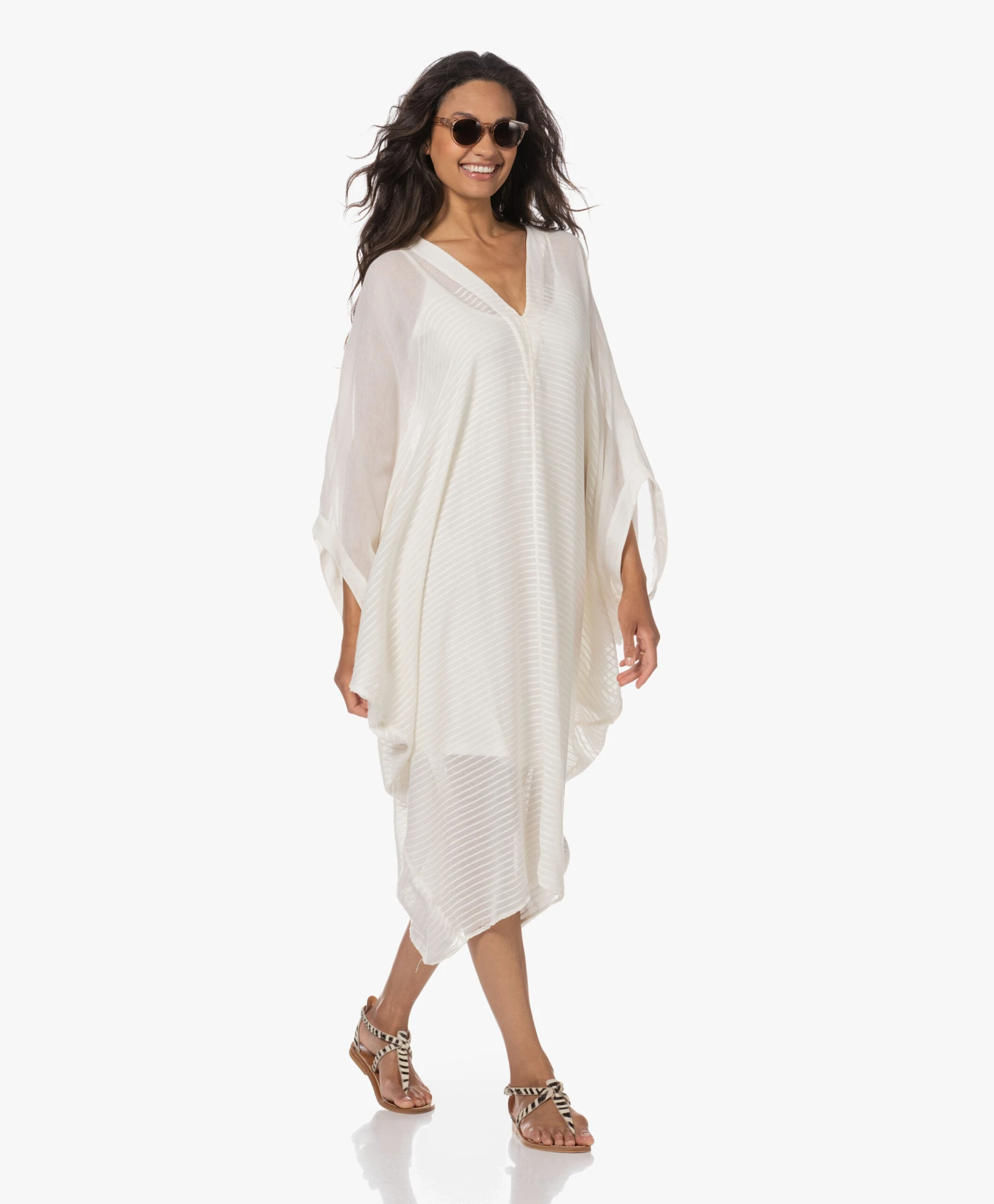 Su Paris Bahia Katoenen Kaftan Met Streepstructuur - Off-White 2 Su Paris Bahia Katoenen Kaftan Met Streepstructuur - Off-White - Afbeelding 2