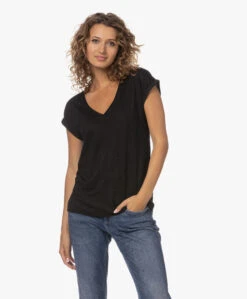 By-Bar Mila Linnen V-Hals T-Shirt - Zwart