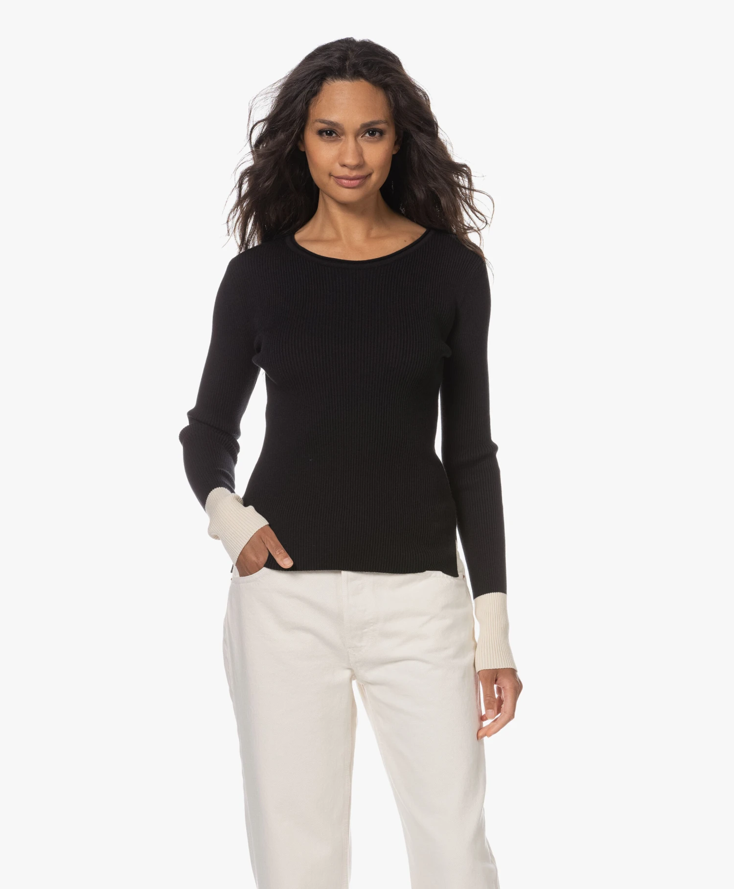 Woman By Earn Lory Cuffs Modalmix Rib Trui - Zwart Vari 3 Woman By Earn Lory Cuffs Modalmix Rib Trui - Zwart Vari - Afbeelding 3