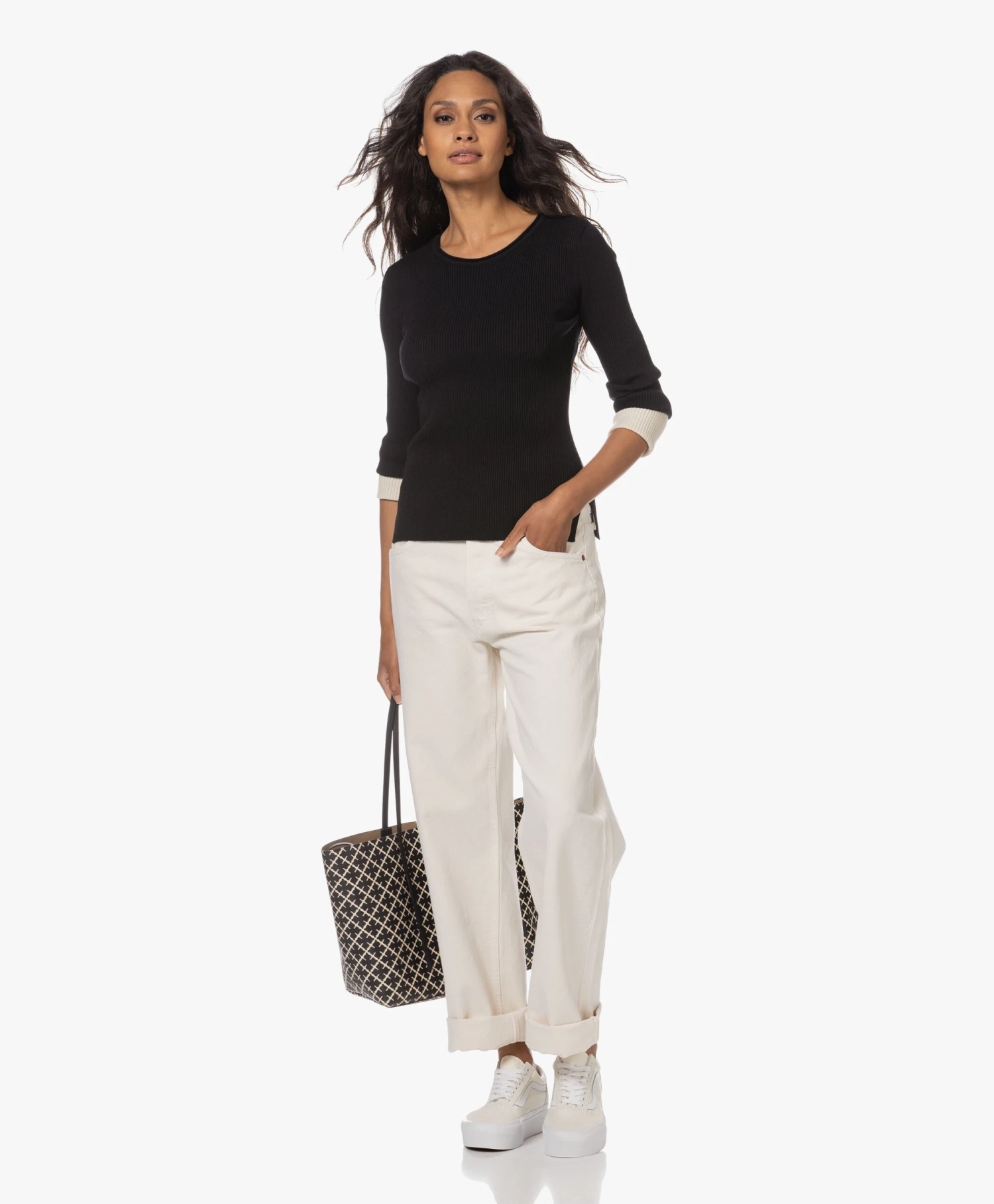 Woman By Earn Lory Cuffs Modalmix Rib Trui - Zwart Vari 2 Woman By Earn Lory Cuffs Modalmix Rib Trui - Zwart Vari - Afbeelding 2