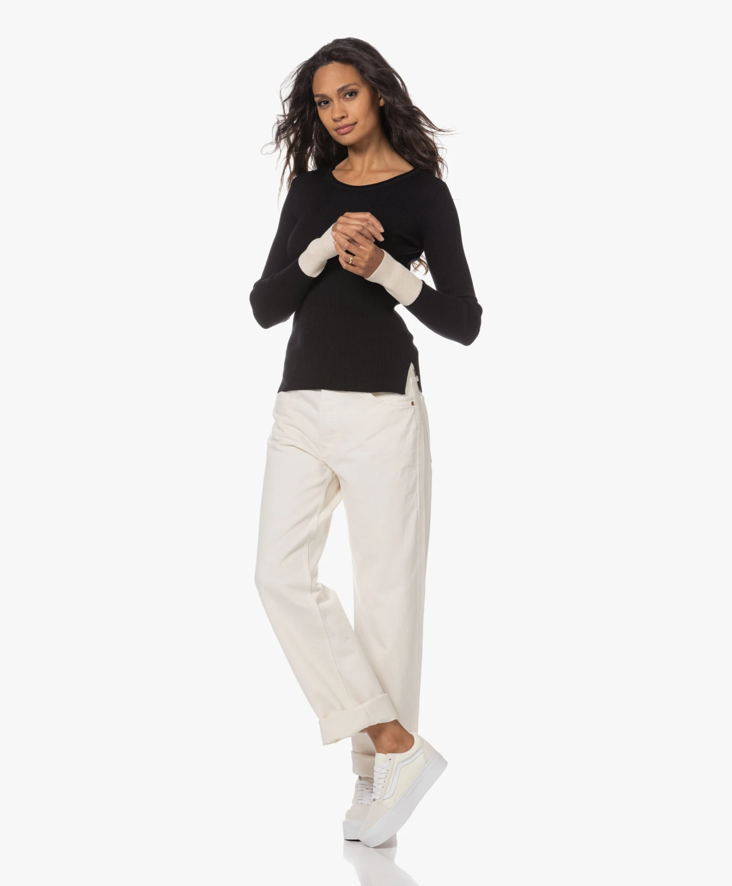 Woman By Earn Lory Cuffs Modalmix Rib Trui - Zwart Vari 5 Woman By Earn Lory Cuffs Modalmix Rib Trui - Zwart Vari - Afbeelding 5