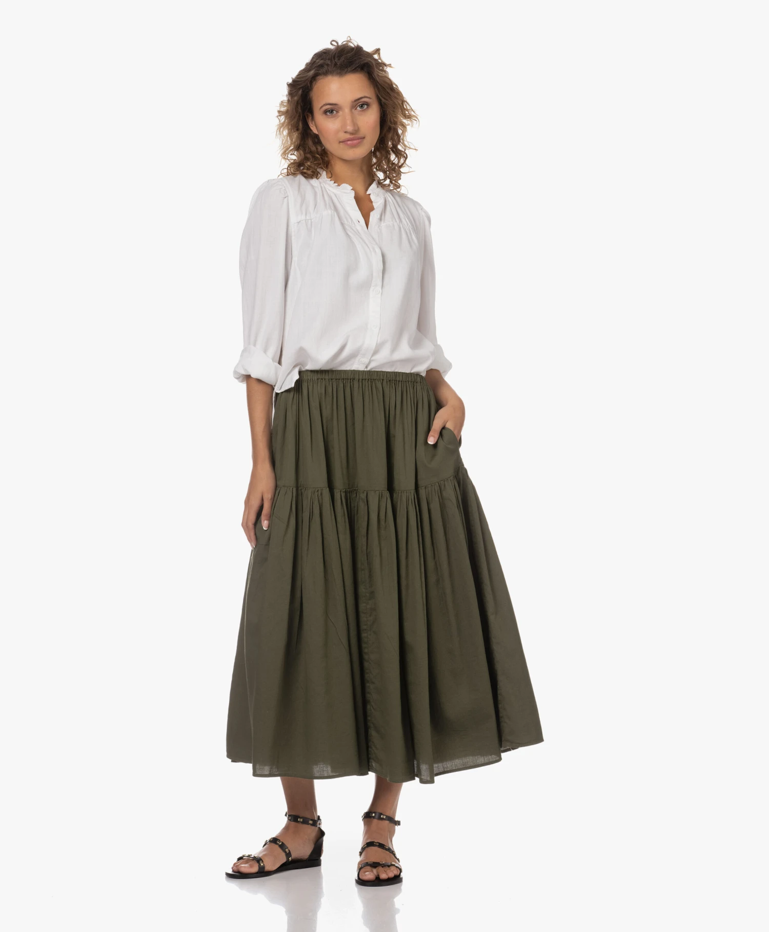 Enza Costa Cool Cotton Tiered Maxi Rok - Dark Olive 12 Enza Costa Cool Cotton Tiered Maxi Rok - Dark Olive - Afbeelding 12