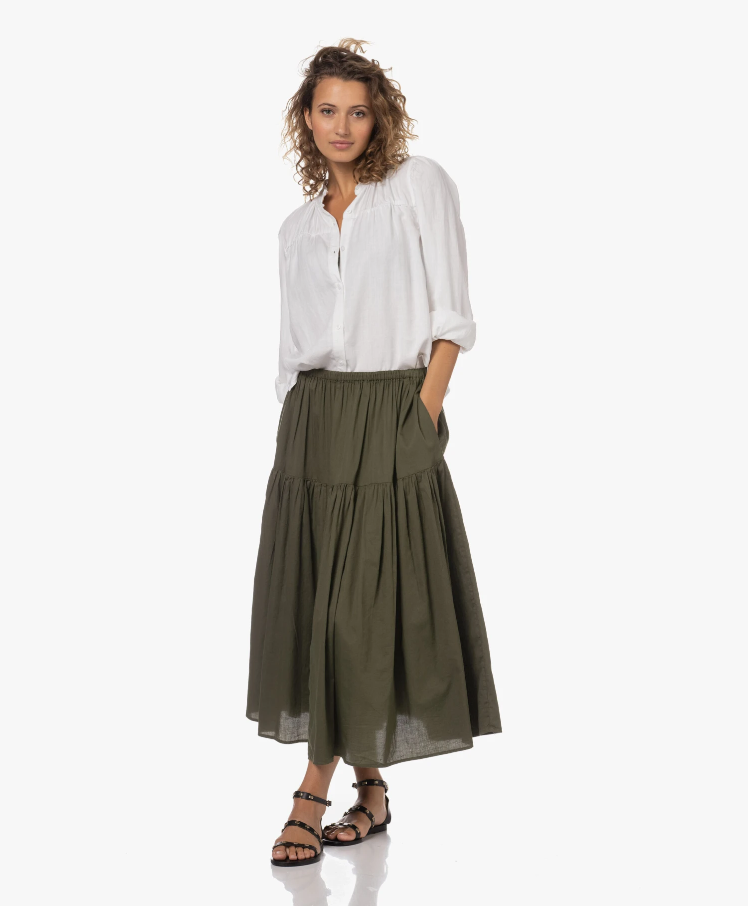 Enza Costa Cool Cotton Tiered Maxi Rok - Dark Olive 9 Enza Costa Cool Cotton Tiered Maxi Rok - Dark Olive - Afbeelding 9