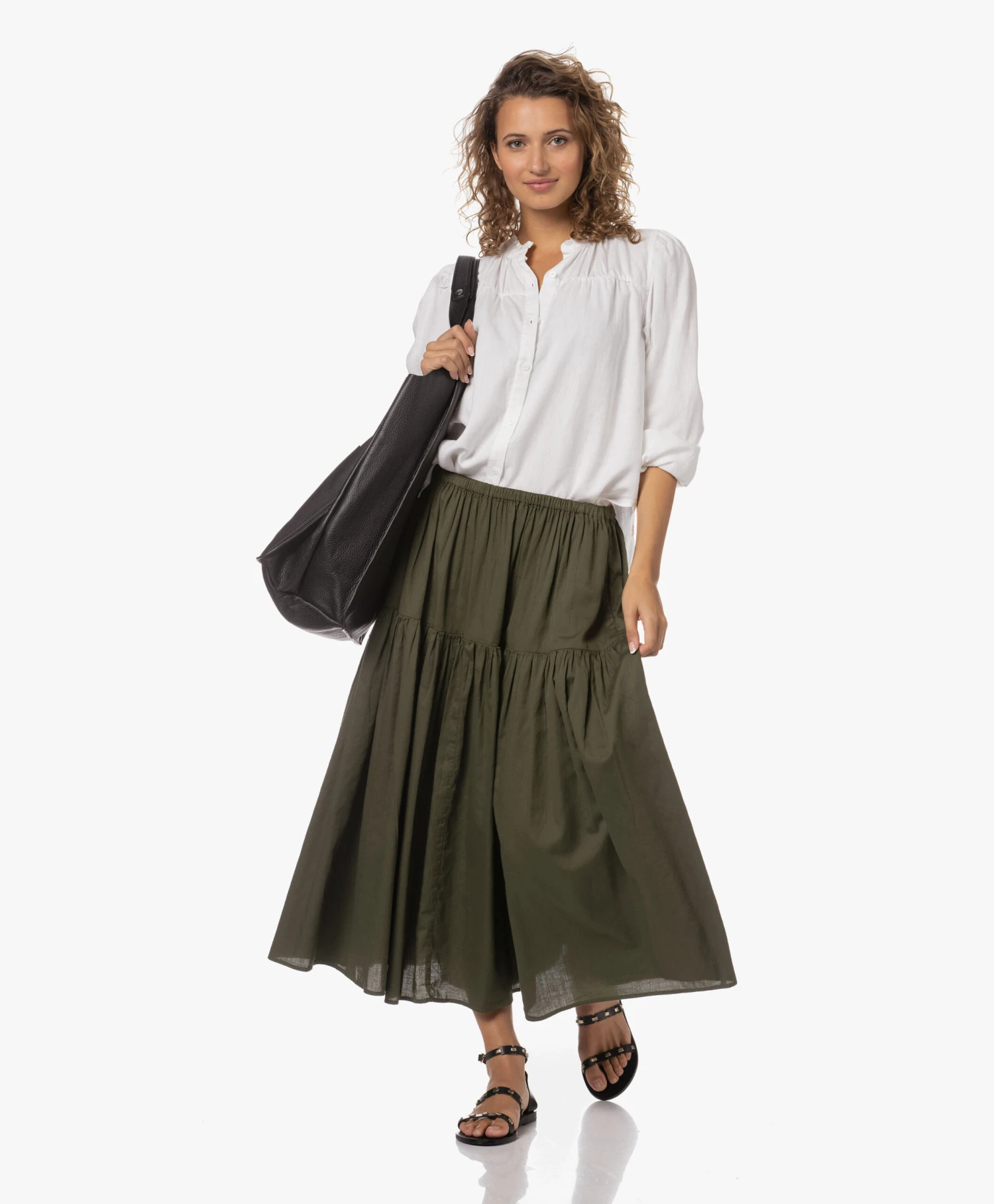 Enza Costa Cool Cotton Tiered Maxi Rok - Dark Olive 5 Enza Costa Cool Cotton Tiered Maxi Rok - Dark Olive - Afbeelding 5