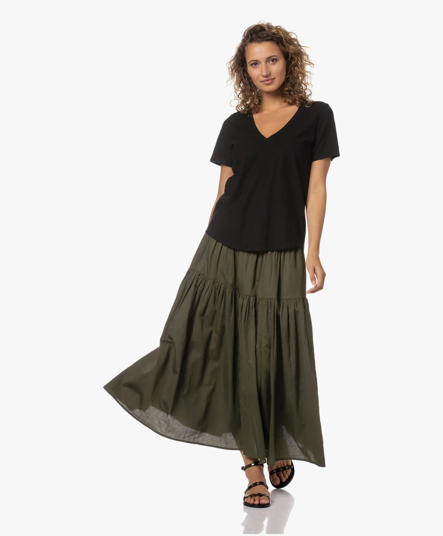 Enza Costa Cool Cotton Tiered Maxi Rok - Dark Olive 13 Enza Costa Cool Cotton Tiered Maxi Rok - Dark Olive - Afbeelding 13