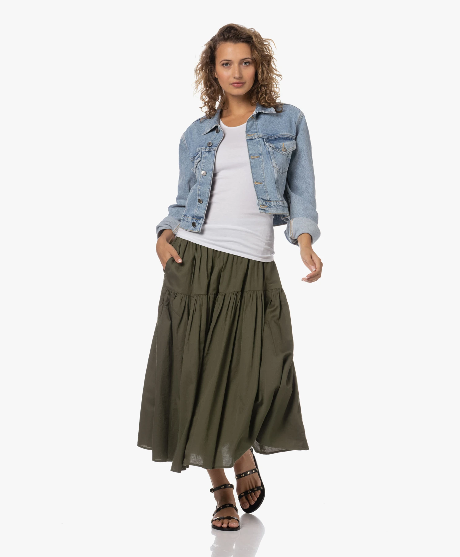 Enza Costa Cool Cotton Tiered Maxi Rok - Dark Olive 11 Enza Costa Cool Cotton Tiered Maxi Rok - Dark Olive - Afbeelding 11