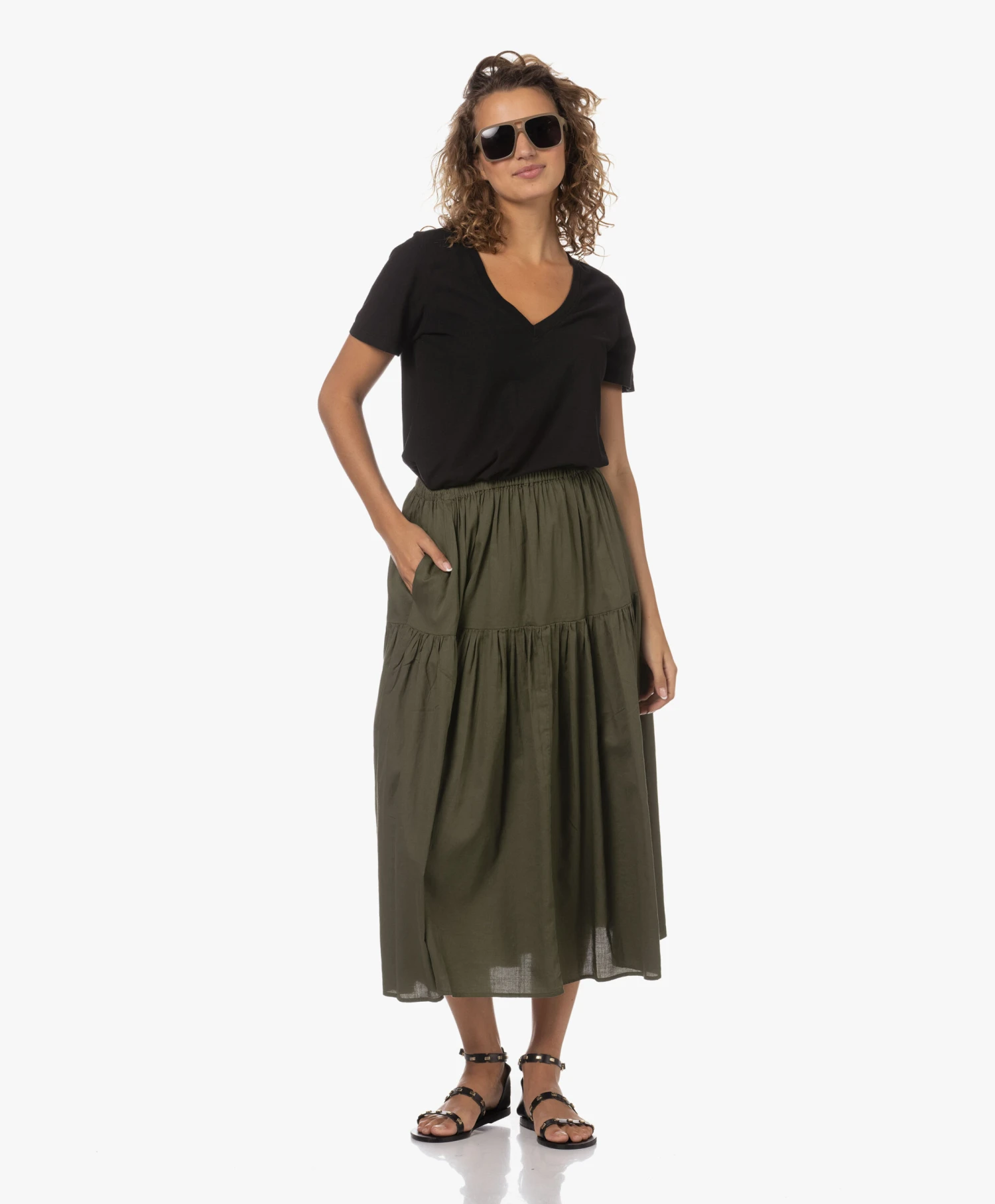 Enza Costa Cool Cotton Tiered Maxi Rok - Dark Olive 8 Enza Costa Cool Cotton Tiered Maxi Rok - Dark Olive - Afbeelding 8