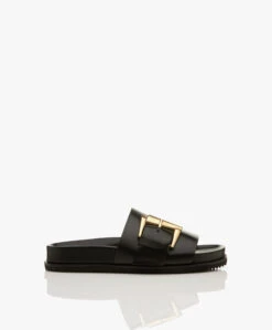 Closed Leren Slippers Met Gesp - Zwart