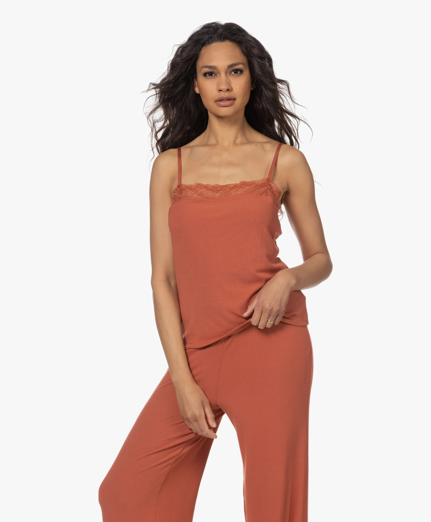 Calvin Klein Modal Rib Jersey Camisole Met Kant - Copper 1 Calvin Klein Modal Rib Jersey Camisole Met Kant - Copper